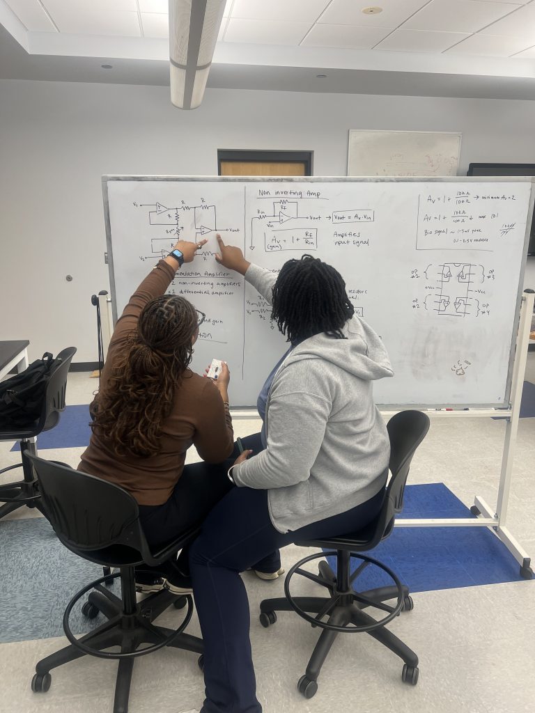 two students working on white board