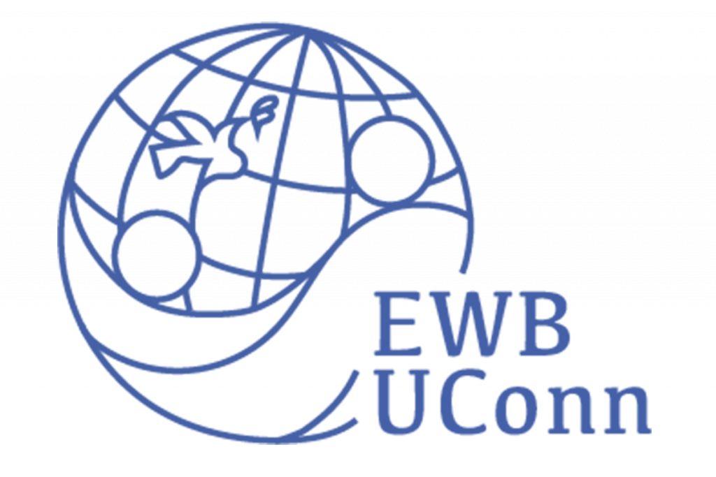 The light blue logo for UConn Engineers Without Borders. It is lineart of a globe in the shape of a Yin-Yang symbol with a dove.