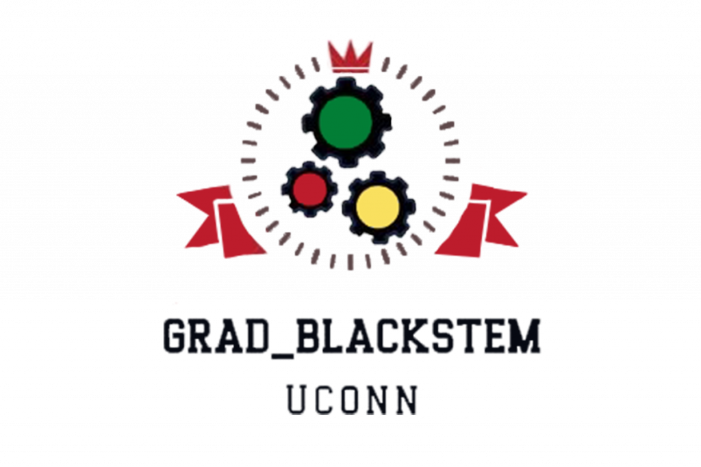 The logo for UConn Grad_BlackSTEM. Featuring black text, three black gears with green, red, and yellow centers, as well as a red crown and banner.